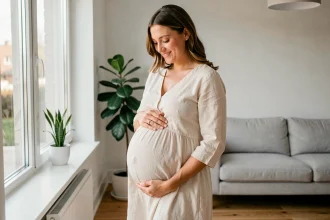 Femme enceinte souriante tenant son ventre près d'une fenêtre lumineuse, illustrant la santé maternelle et la vitamine D pendant la grossesse