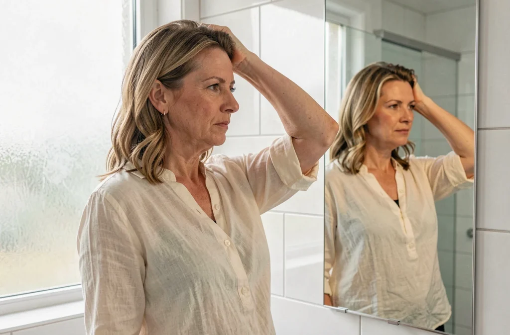 Femme d'une cinquantaine d'années inspectant sa région axillaire devant un miroir dans une salle de bain, illustrant l'autoexamen en cas de douleur sous l'aisselle