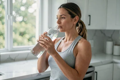 Femme buvant de l'eau dans une cuisine moderne, illustrant l'hydratation pour la gestion du poids