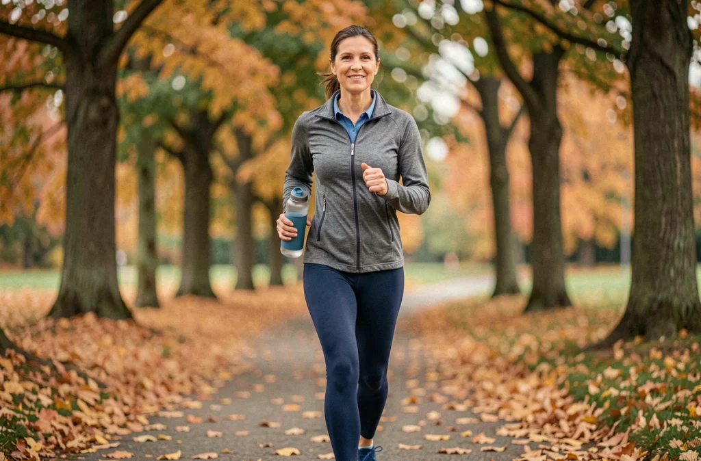 Femme faisant du jogging dans un parc automnal, illustrant les bienfaits d'un mode de vie sain et d'une alimentation réduite en sucre pour affiner la silhouette