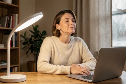 Femme utilisant une lampe de luminothérapie à son bureau à domicile en hiver pour améliorer son humeur