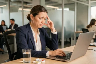 Femme atteinte d'une maladie chronique marquant une pause au bureau dans un open space professionnel