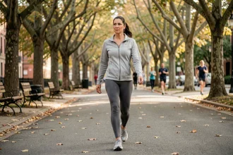 Femme de 40 ans marchant d'un pas vif sur une allée arborée en milieu urbain pour contrôler son poids
