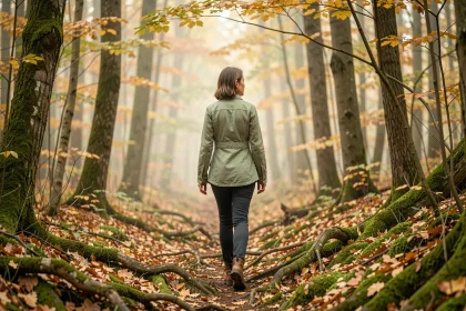 Femme se promenant seule sur un sentier forestier en automne pour se ressourcer et réduire le stress