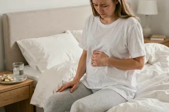 Femme enceinte assise sur le bord du lit tenant son ventre, souffrant de nausées matinales dans une chambre apaisante