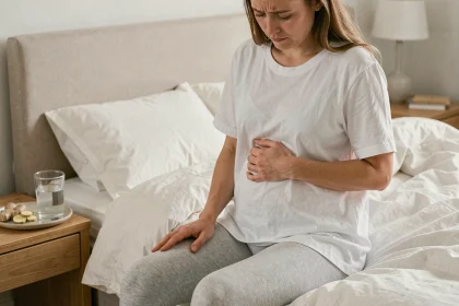 Femme enceinte assise sur le bord du lit tenant son ventre, souffrant de nausées matinales dans une chambre apaisante