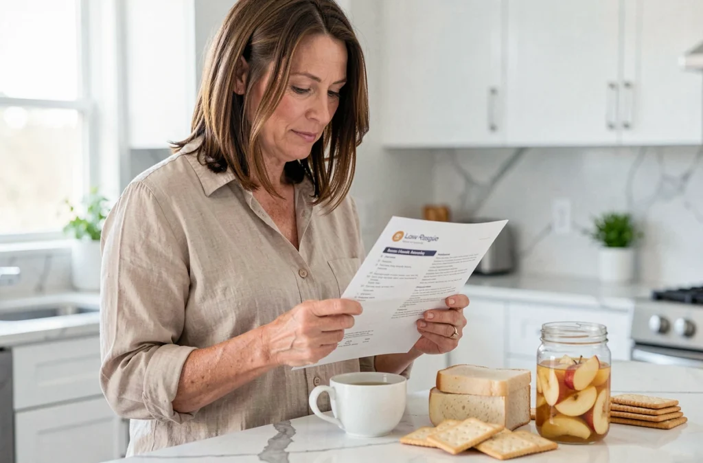 Femme lisant les consignes alimentaires du régime sans résidu avant une coloscopie dans sa cuisine