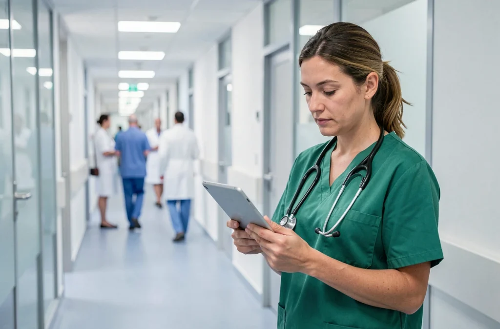 Femme rhumatologue consultant un dossier médical sur tablette dans un couloir d'hôpital à Nîmes