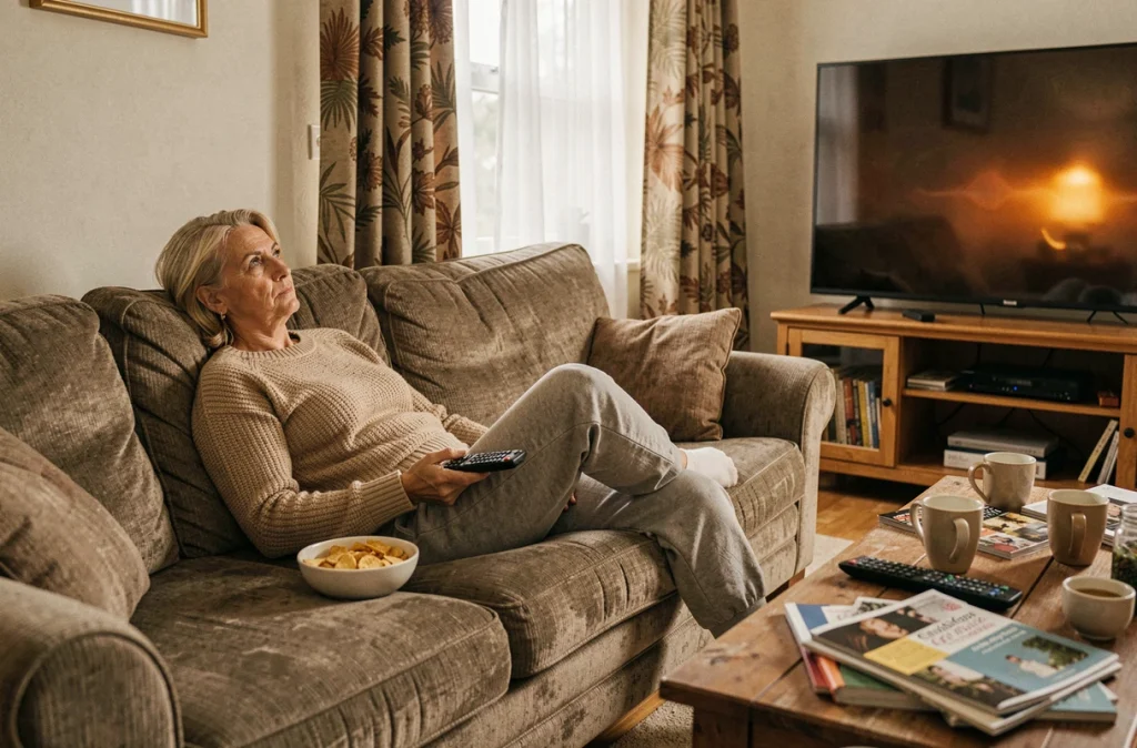 Femme en surpoids allongée sur un canapé devant la télévision, symbolisant la sédentarité au quotidien et ses effets néfastes sur la santé cardiovasculaire