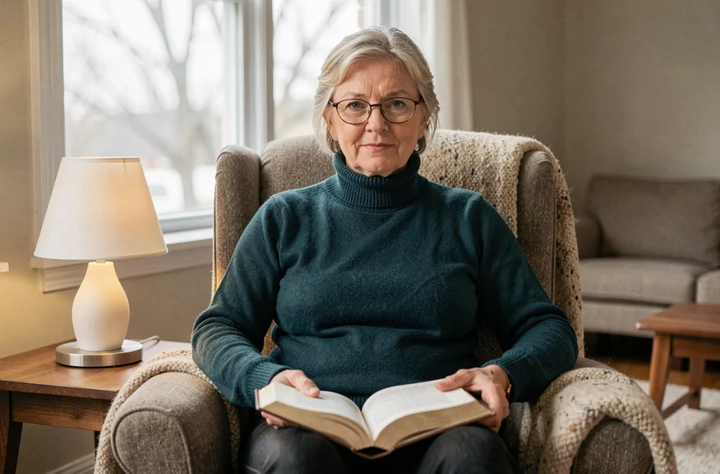Femme senior se relaxant avec une lampe de luminothérapie dans son salon en hiver pour booster son énergie