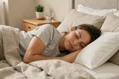 Femme dormant paisiblement dans un lit confortable avec une literie en lin blanc, illustrant l'importance du sommeil réparateur pour le bien-être quotidien
