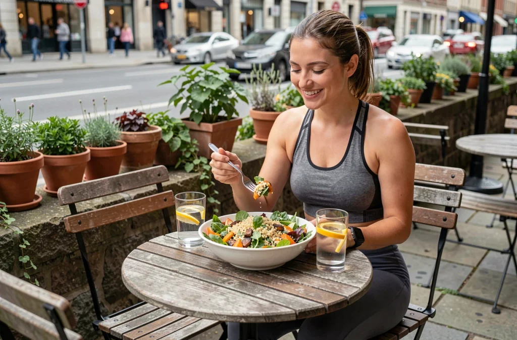 Jeune femme sportive mangeant un bol de salade fraîche et équilibrée en terrasse, illustrant un mode de vie sain sans aliments ultra-transformés