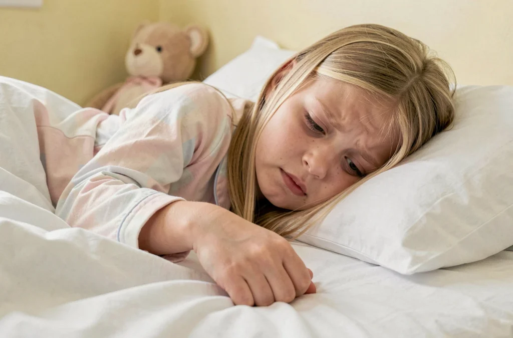 Petite fille se grattant la main gauche dans son lit en pyjama avec une expression d'inconfort