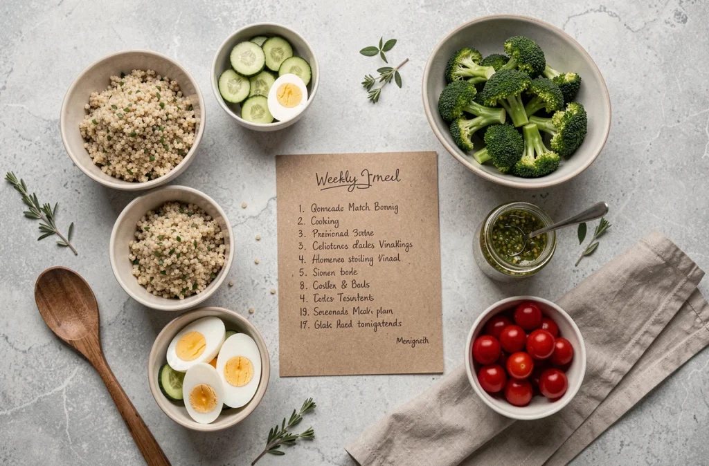 Flat-lay de préparation batch cooking hebdomadaire avec légumes, protéines et plan de repas pour maigrir
