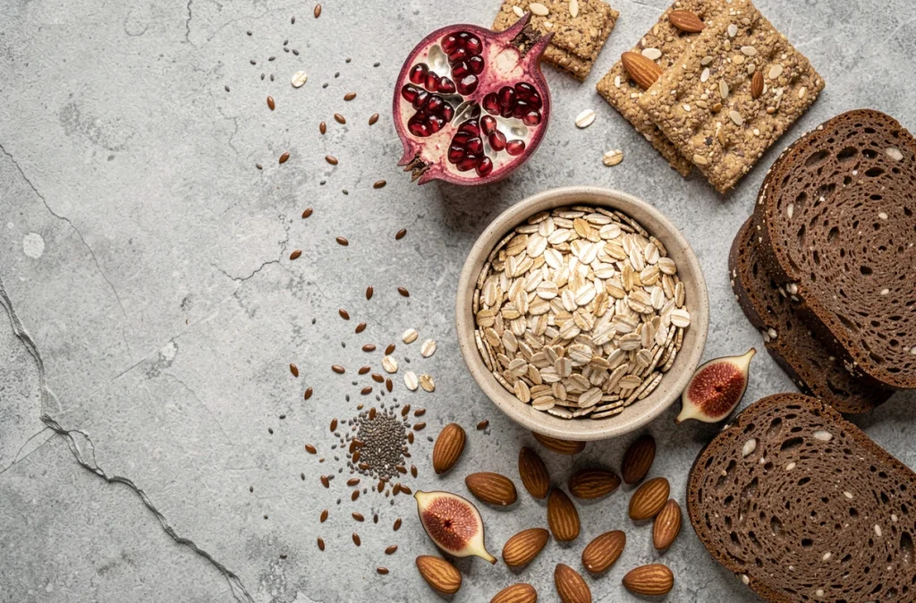 Vue du dessus d'une sélection d'aliments riches en fibres dont figues, graines de chia, flocons d'avoine et pain de seigle sur fond gris pierre
