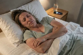 Femme de 45 ans allongée dans son lit la nuit, ressentant des fourmis dans le bras gauche, réveillée à 3h du matin