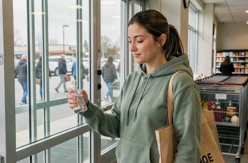 Jeune femme utilisant du gel hydroalcoolique à l'entrée d'un magasin pour prévenir la grippe au quotidien