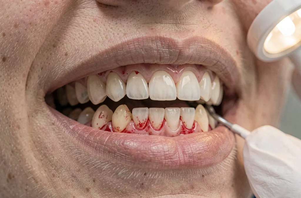 Gros plan sur des gencives enflammées illustrant les effets du diabète sur la santé bucco-dentaire