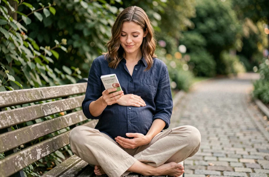 Femme enceinte assise dans un jardin urbain consultant une brochure sur la nutrition prénatale et la vitamine D