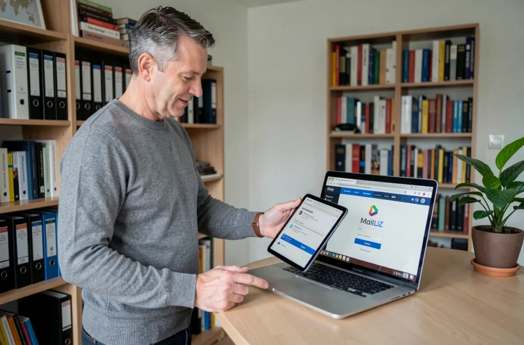 Homme consultant un guide de migration vers Mailiz sur tablette dans un bureau à domicile