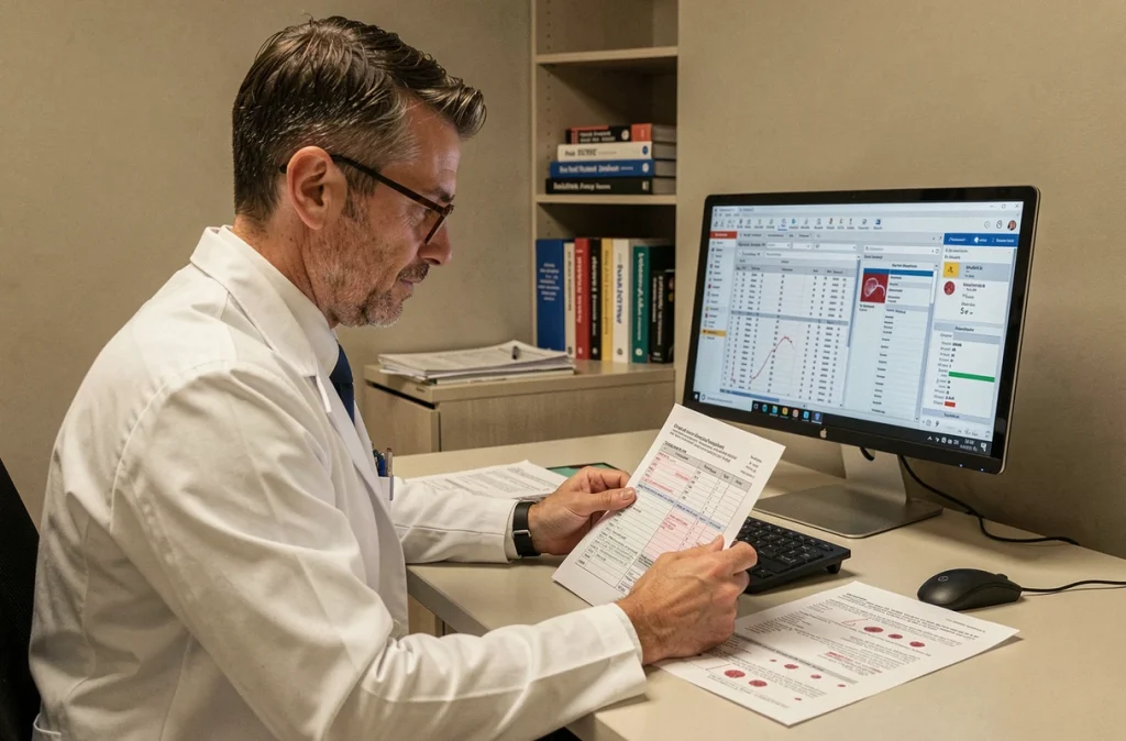Médecin hématologue analysant des résultats d'analyses sanguines pour confirmer une carence en fer