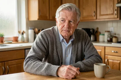 Homme âgé assis à une table de cuisine, main posée avec un léger tremblement visible, premier signe de la maladie de Parkinson