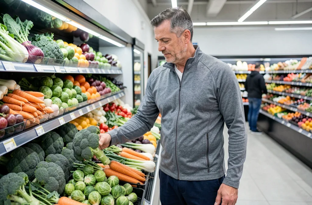 Homme choisissant des légumes riches en fibres comme le brocoli et les carottes dans un rayon de supermarché