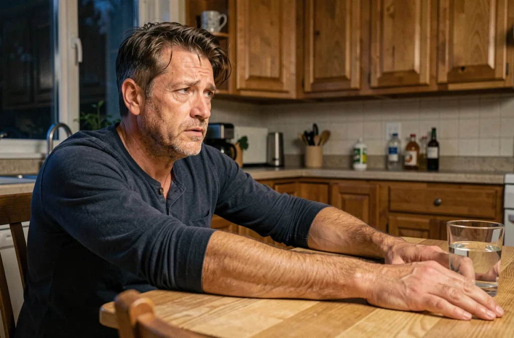Homme de 48 ans à la cuisine au petit matin, examinant son bras allongé sur la table après des fourmillements nocturnes
