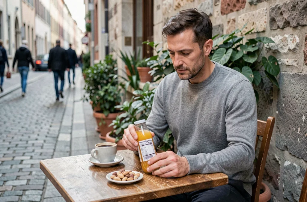 Homme lisant les informations nutritionnelles sur une bouteille de jus en terrasse de café, adoptant une démarche consciente pour limiter sa consommation de sucre