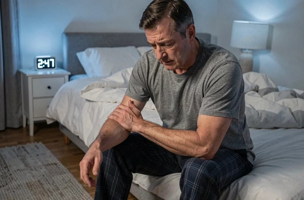 Homme de 50 ans assis sur le bord du lit la nuit, se massant l'avant-bras en raison de fourmillements nocturnes