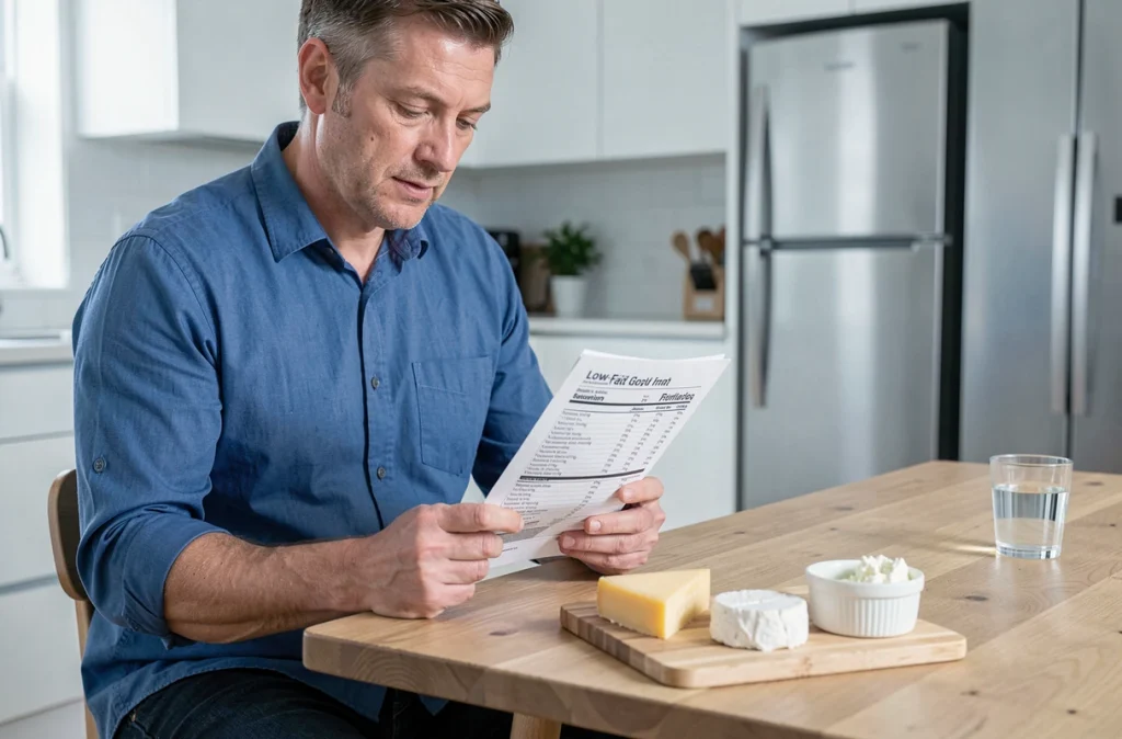 Homme diabétique lisant les informations nutritionnelles de fromages allégés dans une cuisine moderne