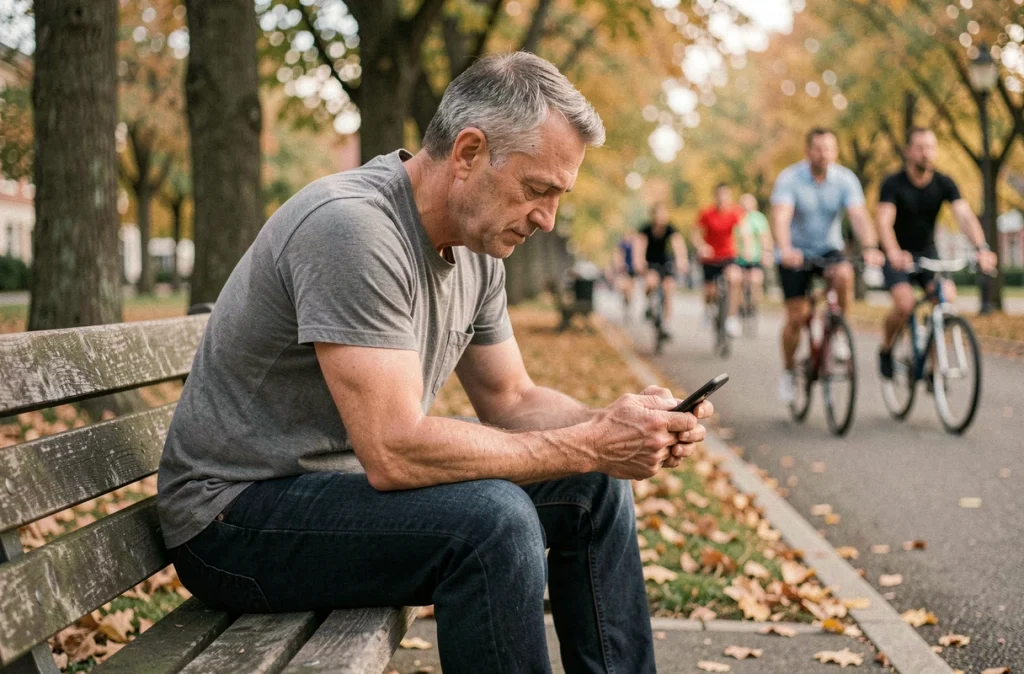 Homme sédentaire assis sur un banc de parc avec son smartphone pendant que des personnes actives font du sport derrière lui, illustrant l'inactivité physique et le risque de maladies cardiaques
