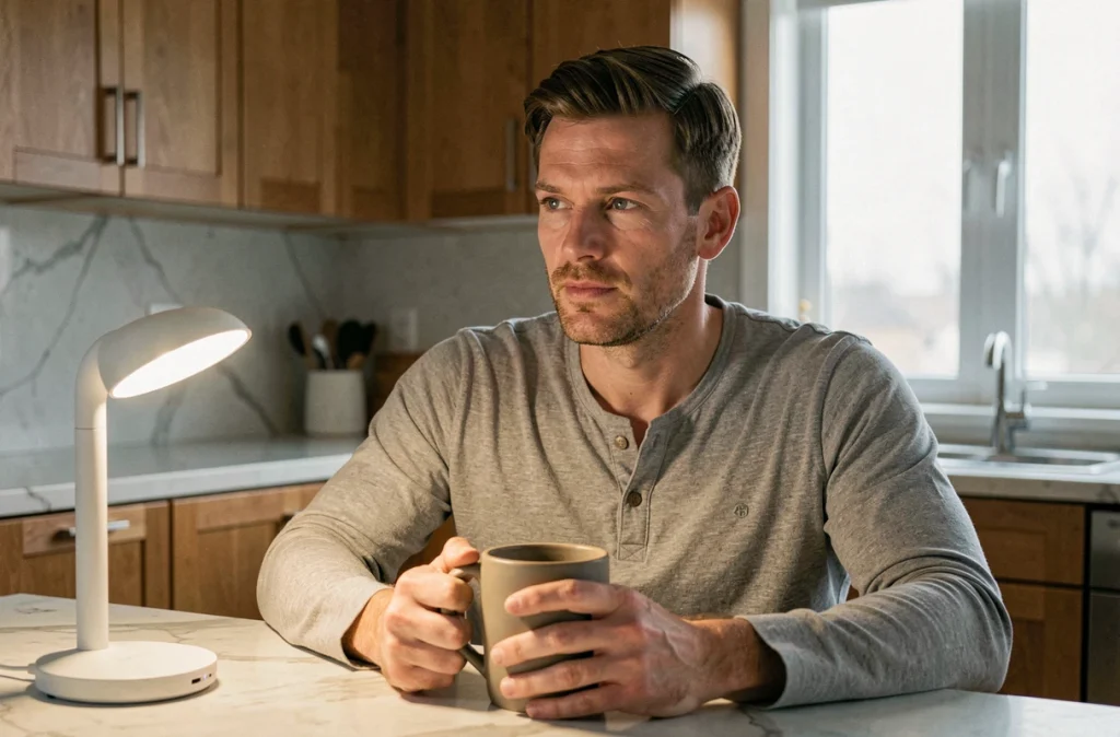 Homme pratiquant la luminothérapie le matin en buvant un café dans sa cuisine en automne