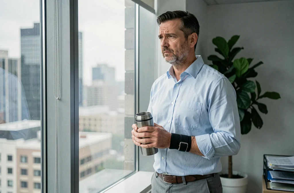 Homme avec une maladie chronique faisant une pause près d'une fenêtre de bureau en milieu professionnel