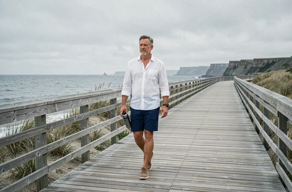Homme d'une cinquantaine d'années marchant sur une promenade côtière en bois pour améliorer sa santé et contrôler son poids