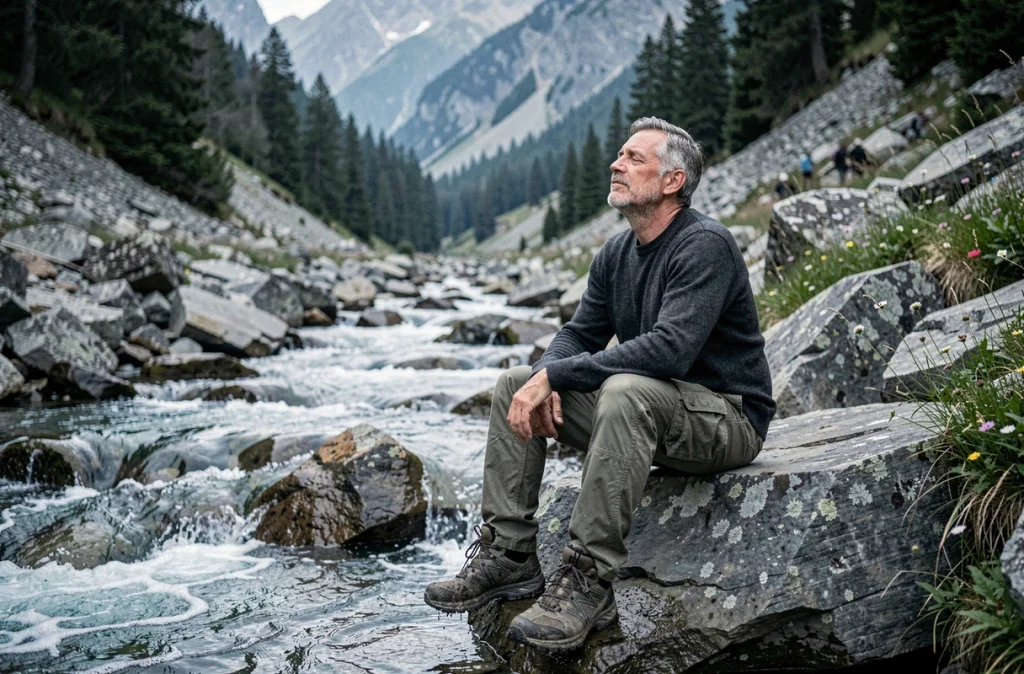 Homme en pause méditativesurun rocher au bord d'un torrent de montagne lors d'une randonnée apaisante