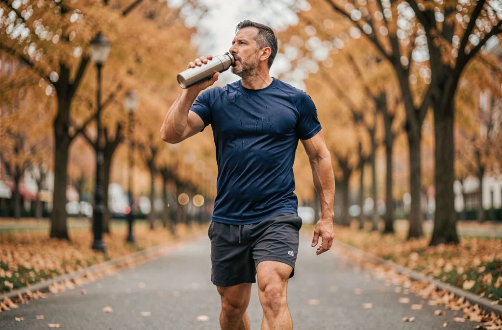 Homme sportif se hydratant pendant une course en plein air dans un parc urbain en automne