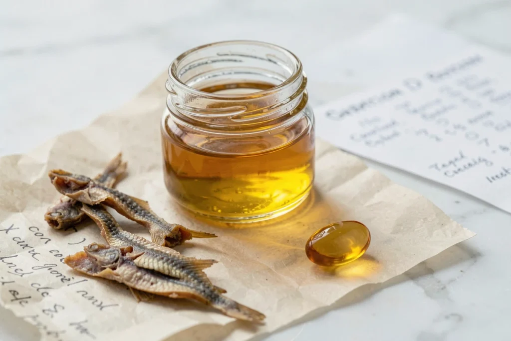 Gros plan sur un flacon d'huile de foie de morue, une capsule de vitamine D et des morceaux séchés sur marbre blanc