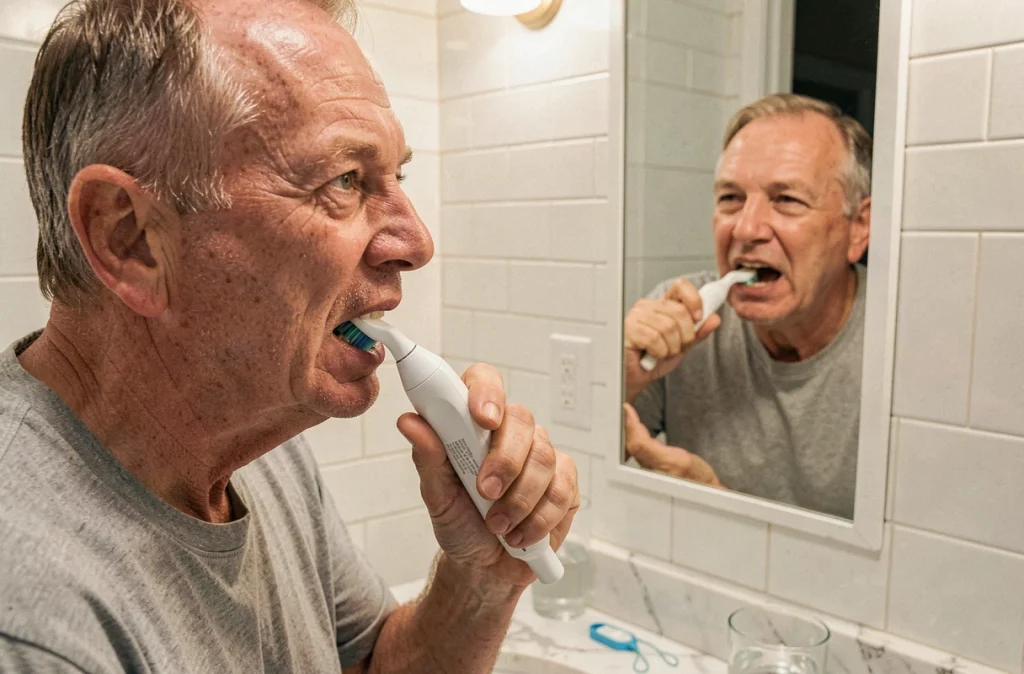 Homme âgé se brossant les dents avec soin, illustrant l'hygiène bucco-dentaire chez les diabétiques