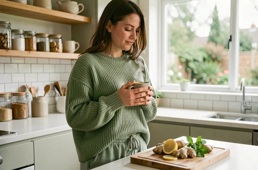 Femme préparant une infusion au gingembre et citron pour soulager les nausées matinales dans une cuisine naturelle