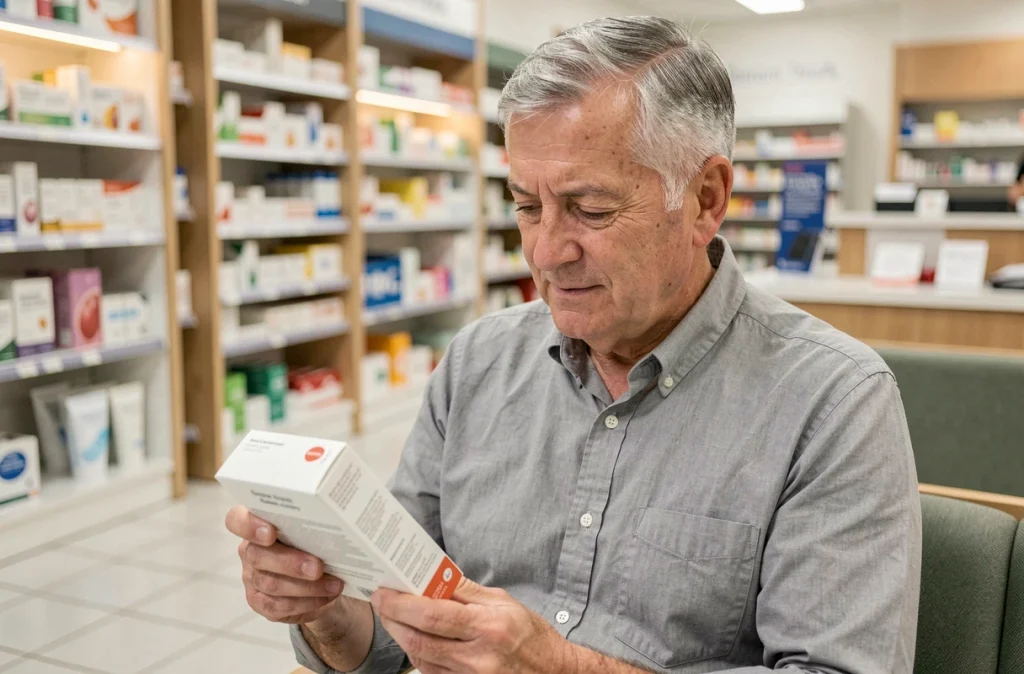 Homme d'âge mûr lisant les instructions d'un kit de dépistage du cancer colorectal en pharmacie