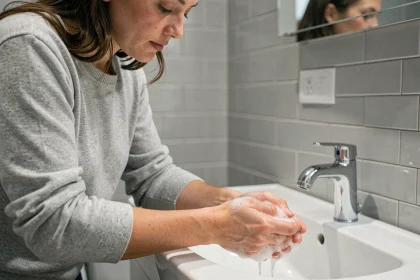 Femme se lavant soigneusement les mains au lavabo pour prévenir la grippe et les infections virales