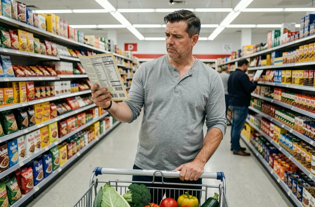 Homme lisant attentivement l'étiquette nutritionnelle d'un aliment ultra-transformé dans un supermarché, avec un caddie rempli de légumes frais