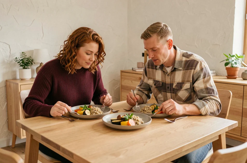Couple partageant un repas sain et lent à la maison, illustrant les bienfaits de manger sans se presser pour ressentir la satiété