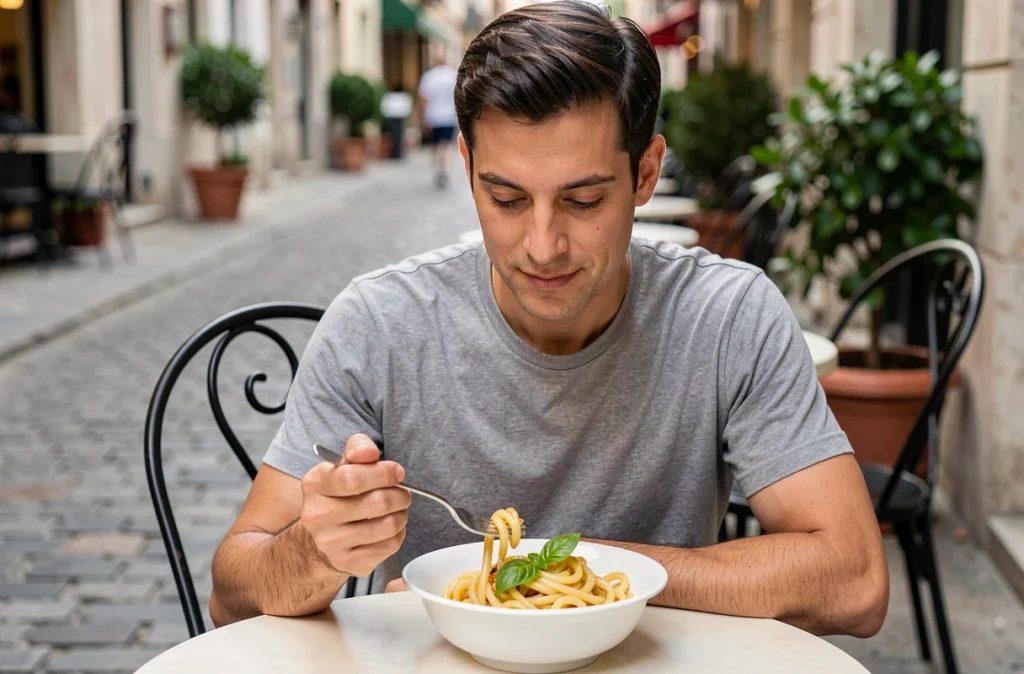 Homme savourant lentement un bol de pâtes en terrasse de café, symbolisant l'alimentation consciente et la sensation de satiété