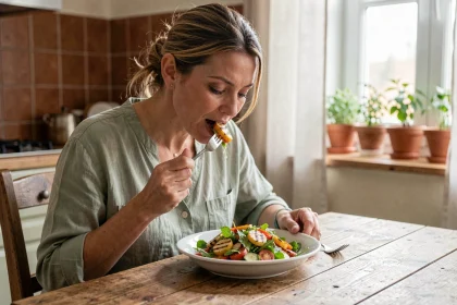 Femme mangeant lentement une salade colorée à une table en bois, illustrant la satiété et l'alimentation consciente