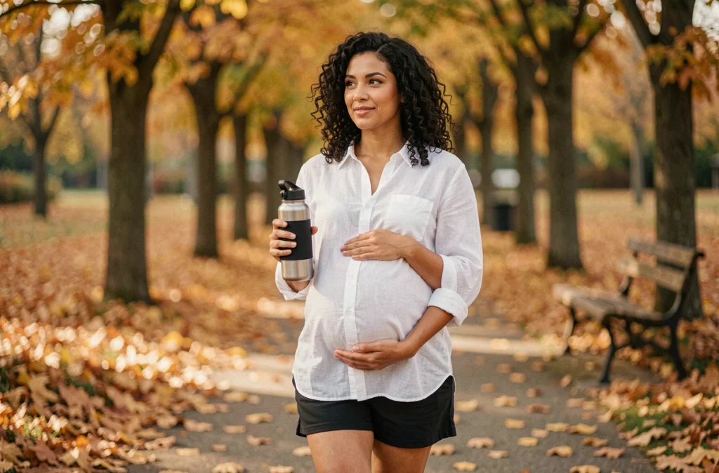 Femme enceinte marchant dans un parc en automne avec feuilles dorées et tenue de sport décontractée