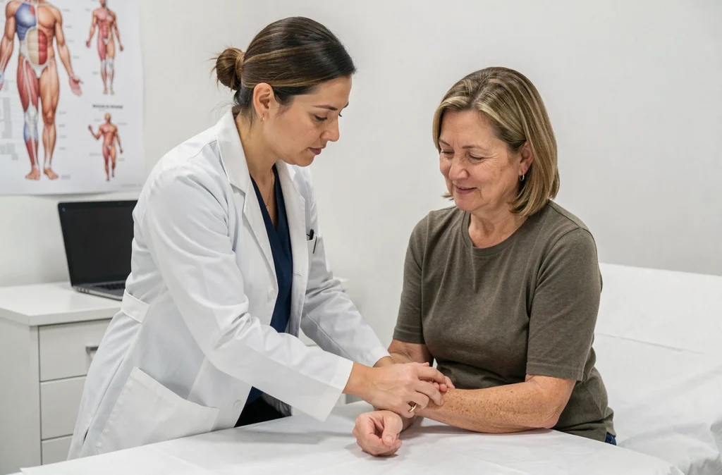 Médecin femme examinant le bras d'une patiente de 45 ans en cabinet médical pour des fourmillements nocturnes