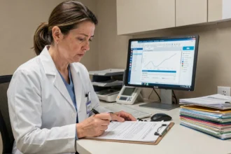 Médecin femme consultant des résultats d'analyses de D-dimères dans un cabinet médical moderne