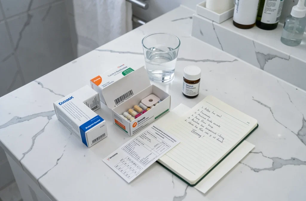 Boîtes de médicaments, ordonnance et verre d'eau sur un plan de travail en marbre, évoquant les précautions médicamenteuses pendant la grossesse
